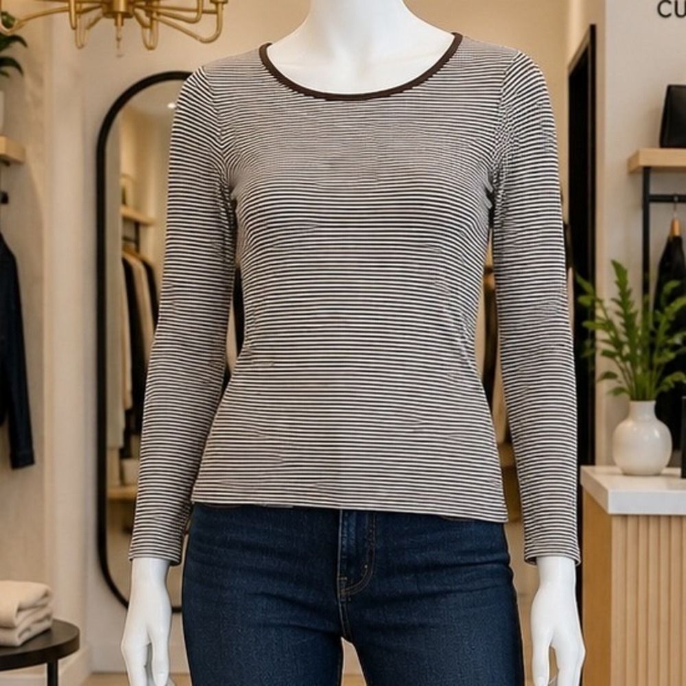 H&M Womens Long Sleeve Top Brown White Striped Scoop Neck Size M